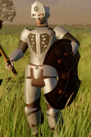 Capital guard: plate, round shield and war hammer. A Frontier character, cropped from an engine line-up.