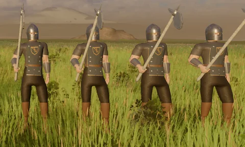 Castle watch: helm, tabard and halberd. A Frontier character, cropped from an engine line-up.